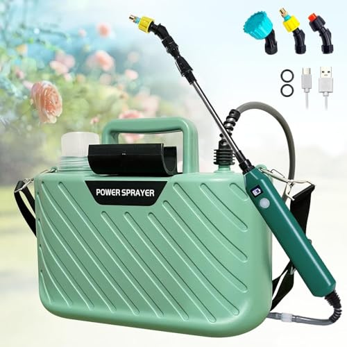 Kevsuvqin trädgårdsspruta tryckspruta 5 liter, 5 V/2 400 mAh elektrisk växtspruta med 3 munstycken och justerbar axelrem, USB-uppladdningsbart handtag med batteridisplay och teleskopstång, ogrässpruta