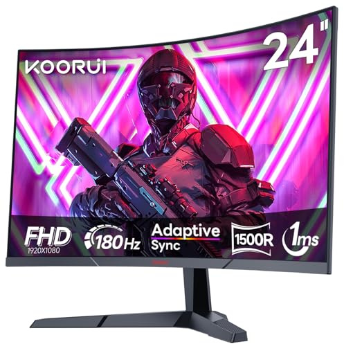 KOORUI Écran PC Gamer Incurvé 24 Pouces 1500R FHD 1080P, VA 180Hz 1ms MPRT, HDR10, 99% sRGB, FreeSync, HDMI 2.0 & DP 1.2, Eye Care, VESA 100x100