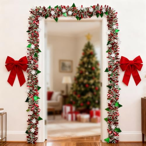 ZZOWDIW 2er Set Weihnachtsgirlande 2m mit Schneeflocken und Rotem Band, Üppig Dekorierte Grüne Girlanden für Symmetrische Deko an Doppeltüren und Fenstern, Festliche Indoor Deko