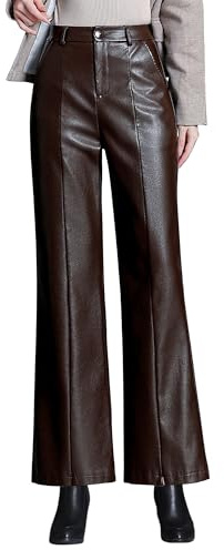 Nexstone Women's Faux Leather Pants High Waist Flare Wide Leg PU Leather Trousers (Brown-L)