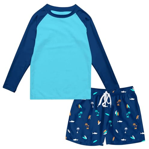 Kids4ever Boys Swimming Costume Long Sleeve Sun Protection Swimsuit 3D Printed Quick Dry Rash Guard Set Summer Casual Swimwear with Liner Beach for 4-12 Years (Two Pieces)