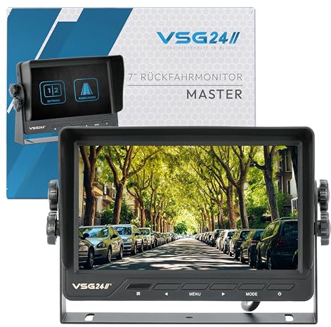 VSG24 Rückfahrmonitor Master – 7 Zoll Bildschirm, 2 Kameraeingänge, Trigger, Distanzlinien, Direktwahltasten, 12-24V, Rückfahrkamera Monitor für Auto, Wohnmobil, Einparkhilfe, rückfahrkamera Kabel