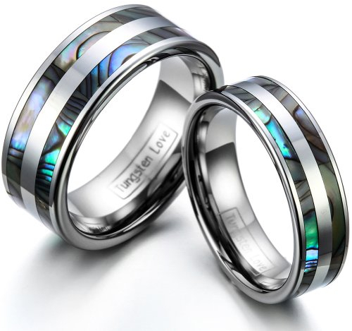 JewelryWe Schmuck 1 Paar Wolfram Wolframcarbid Poliert mit Abalone Muscheln Inlay Partnerringe Freundschaftsringe Eheringe Trauringe Verlobungsringe Band, Silber