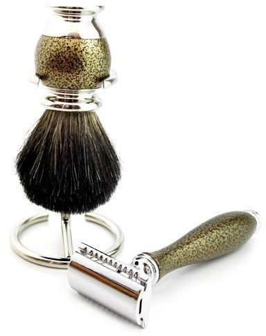 Assemblato a mano in splendidi manici Textur (rasoio di sicurezza) e spazzola per capelli di tasso nero con supporto collezione Sophist Elegantemente progettata da Haryali London.