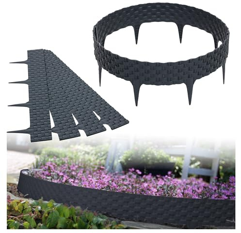 GARDENIX Rattan Rasenkante Kunststoff - Beetumrandung Rattanoptik, 3.2m Gartenpalisade Holz, Beeteinfassung Grau, 4 Module, UV-beständig Beetzaun, Gartenpalisade Vielseitig Einsetzbar