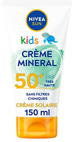 NIVEA SUN Crème Minérale Kids FPS 50+ (1 x 150 ml), Crème solaire aux filtre UVA/UVB 100% Minéraux, Protection solaire ultra-résistante à l’eau et à la formule vegan