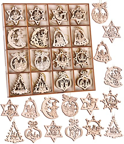 BRUBAKER 48-TLG. Weihnachtsanhänger Set - Baumschmuck aus Holz 3-4 cm | Sterne Tannenbaum Weihnachtsmann Dekohänger Weihnachten - Holzanhänger für den Weihnachtsbaum - Christbaumschmuck