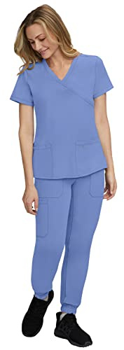 STAT MEDICAL WEAR Jogger Scrubs for Women Scrubs Set - 2 Pocket Crossover Scrub Top with 5 Pocket Jogger Pant Scrub Sets for Women 110210 (Size XS, Color Ceil)