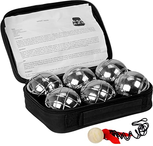Boccia Kugeln Set, Boule Kugeln mit 6X Metall-Kugeln 73mm, 720g, 1x Holz-Kugel, 1x Abstandsmesser inkl. Luxuriöser Tragetasche, Petanque für Outdoor-Spiel Garten und Strand Spielzeug