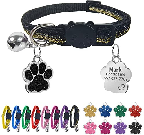 Uiopa Katzenhalsband mit Namen, Katzenhalsband mit Sicherheitsverschluss und Glöckchen, Halsband Katze Personalisiert, Enthalten Prickelnde Hundemarke mit Gravur (Schwarz)