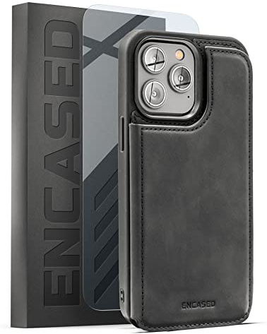 ENCASED Flip Wallet Compatible with iPhone 14 Pro Max Case with Card Holder Folio and Wrist Strap (Screen Protector Included) Black