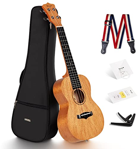 Enya Concert Ukulele EUC-25D 23 Inch Solid Mahogany Top - Beginner Kit with Gig Bag, Capo, Strap & Picks - Professional Sound Quality for Beginners & Adults (Natural Color)