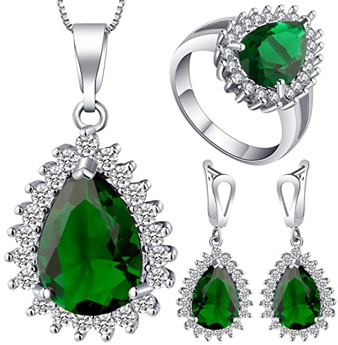 AMDXD Schmuckset Hochzeit 4er, Statmentketten Gross Modeschmuck Tropfen Träne Anhänger Versilbert Ehering Damen & Ohrstecker Frauen Set mit Grün Zirkonia - Silber, Gr.60 (19.1)