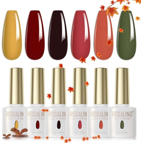 ROSALIND Esmaltes Semipermanentes Amarillo Rojo Marrón Naranja Verde Oscuro 6 Colores Kit Pintauñas Semipermanentes UV LED Esmaltes en Gel Nail Polish Colores de Otoño e Invierno