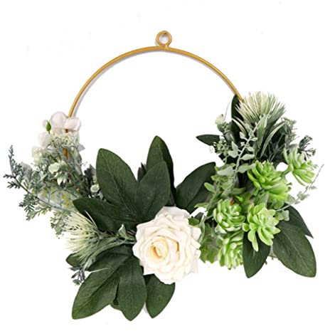 Couronne de porte d'été printemps, couronne de feuilles vertes, couronnes pour porte d'entrée, couronne décorée suspendue roses de fleurs artificielles