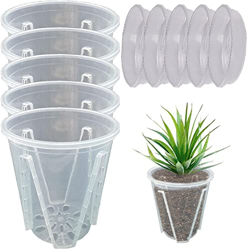 5 Stück Orchideentopf Transparent Orchideentöpfe Übertopf mit Untertassen Kunststoff Orchideentopf Pflanztöpfe für Orchideen Orchidee Blumentopf für Indoor Outdoor Balkon Schreibtisch (24cm+Tablett)