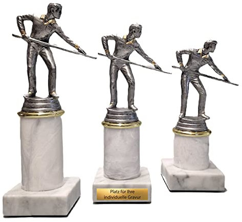 eberin · Billard Pokal mit Gravur · Billard Cup · Billard Wanderpokal · Billardspieler mit Queue auf Säule/Marmor weiß · Auszeichnung · Pokal in 3 Größen erhältlich · (16,7 cm)
