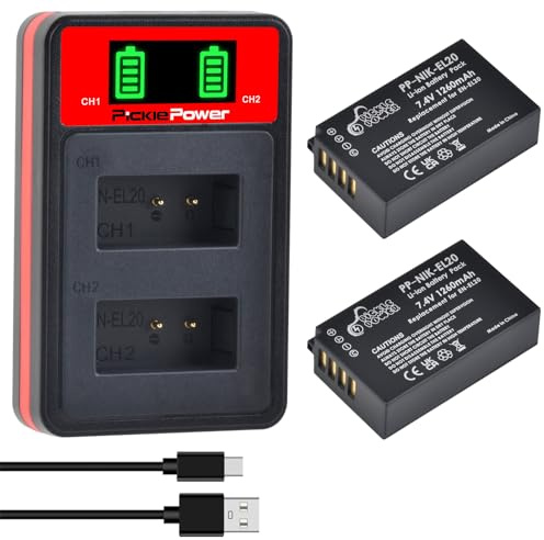 Pickle Power 2Pcs EN-EL20 EN-EL20a Battery with Dual Charger for Nikon Coolpix P1100, P1000, P950, Coolpix A, 1 AW1, 1 J1, 1 J2, 1 J3, 1 S1,1 V3 Digital Camera