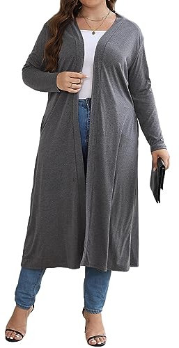 HJJPWW Cardigan da donna, taglie forti, lunghezza fino al pavimento, aperto sul davanti, drappeggio, leggero, a maniche lunghe, maxi spolverino con tasche, 1X-5X, Carbone, 4X