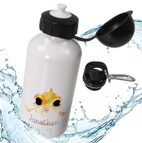timalo® Aluminium Trinkflasche für Kinder personalisiert mit Namen | auslaufsichere Alu Sportflasche Kindergarten mit Tieren Geschenk für Jungen und Mädchen 400mLB3 | 17-Fisch