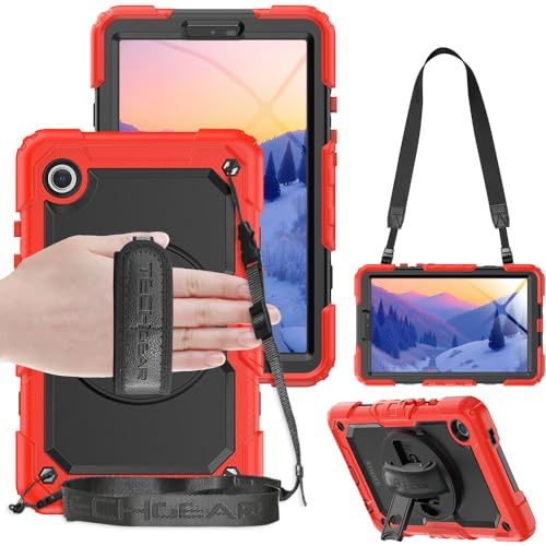 TECHGEAR UTILITY Case fits Samsung Galaxy Tab A9 8.7 (SM-X110 / SM-X115) Tough Rugged HEAVY DUTY Armour Shockproof Impact Case with 360 Rotating Stand, Hand Strap and Shoulder Strap - Red