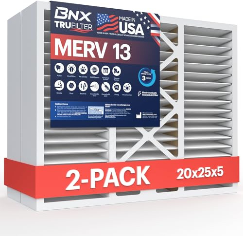 BNX TruFilter 20 x 25 x 5 (19,88 x 24,75 x 4,38 Zoll, Honeywell kompatibel, 10,2 cm) MERV 13 Luftfilter (2er-Pack) – hergestellt in den USA – HVAC AC Ofenfilter Gesundheit, Allergien, Schimmel,