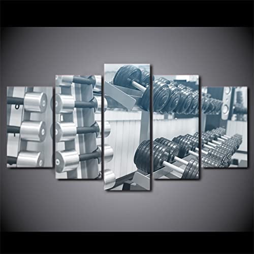 Canvas Wall Art 5 Pieces Vintage Fitness Equipment Dumbbell Wall Art Prints Pictures For Bedroom Dining Kitchen Bathroom Pictures And Wall Art Decoration Artwork (L/With Frame 150 X 80 Cm)