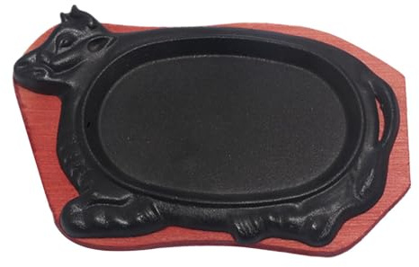 Ronyme Sartén de Hierro Fundido, sartén Antiadherente en Forma de con Base de Madera, sartén para Carne, Plato para Servir Parrilla