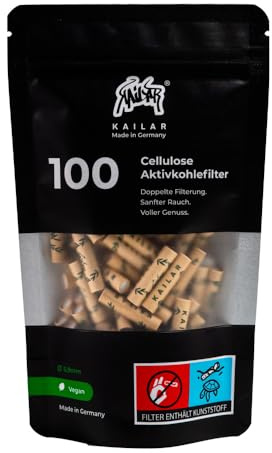 KAiLAR 100 Ungebleicht Cellulose Aktivkohlefilter Slim (6 mm) mit veganer Aktivkohle aus Kokosnussschalen | Für ein sanftes Raucherlebnis ohne zu verstopfen (Kälteresistenz)