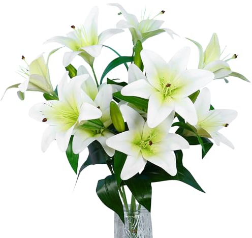 VaryFloral 6 Stück Lilien Kunstblumen Blumenstrauß Künstlich Weiß Künstliche Blumen Wie Echt Kunstblumenstrauss Realistisch Lilien Künstlich für Hotel Schlafzimmer Blumenarrangement Party Decor
