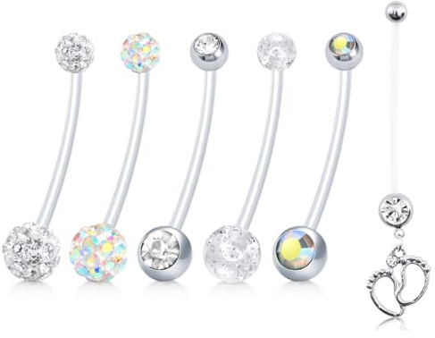 WillTen 14G Bauchnabelpiercing Schwangerschaft Dangly, Schwangerschaftspiercing Bauchnabel mit Kunststoff Ersatz Bauch Bar Piercing Kugeln,Bioflex Lang Bauchnabelpiercing für Schwangere Frauen