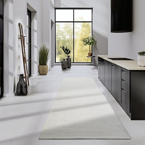 Elle Decor ation Pradesh - Tappeto di lana naturale, tessuto a mano ed ecologico, per soggiorno, camera da letto, sala da pranzo, corridoio, cucina, colore bianco naturale, 80 x 200 cm
