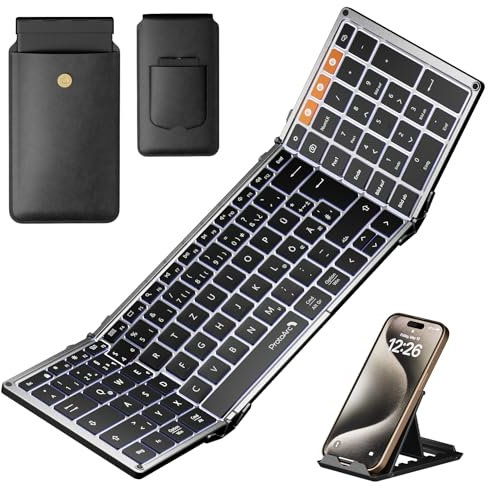 ProtoArc XK01 Plus Clavier Pliable Rétroéclairé, Bluetooth Clavier sans Fil Pliant AZERTY, Pleine-Taille Rechargeable Claviers Portable pour Android Windows iOS iPad Tablette