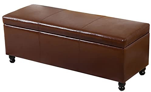 Ottoman-Bank aus Leder, rechteckig, mit getufteter Holzoberfläche, moderner gepolsterter Fußstütze, Hocker für Wohnzimmer und Schlafzimmer, 61 x 40,6 x 43,2 cm, Braun