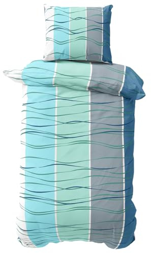 Visaggio 2teilige Bettwäsche Set 155x220 cm Mikrofaser Bettbezug Bettwaren Wellen gestreift modern Blau Türkis mit verdecktem Reissverschluss