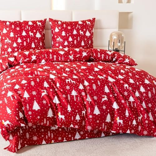 Cotton Market Bettwäsche Weihnachten Set 155 x 200 cm Wintermotiv Rentiere Tannenbäume Bettbezug mit 2 Kissenbezügen 70 x 80 cm Microfaser Weihnachtsrot Mit Reißverschluss Kuschelig Pflegeleicht