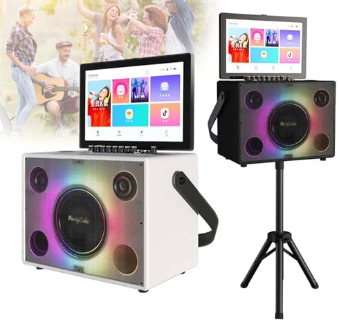 ZHJOPP Máquina de Karaoke Bluetooth portátil, Mini máquina KTV Profesional con Tableta táctil de 14, 2 micrófonos inalámbricos, Altavoz LED de Color Plegable (White)