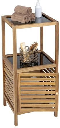 WENKO Étagère de Salle de Bain Fondi en Bois d'acacia Massif - Porte à 2 étages - Tablettes en Verre Noir - Étagère de Haute qualité pour la Maison et la Salle de Bain (39,5 x 86 x 35,5 cm)