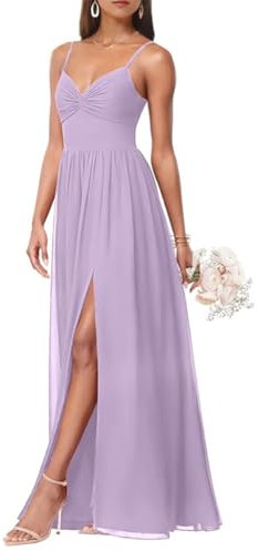 Vestidos de dama de honor con tirantes delgados para mujer, vestidos de noche formales de gasa para boda, vestidos de invitados, Lila, 46