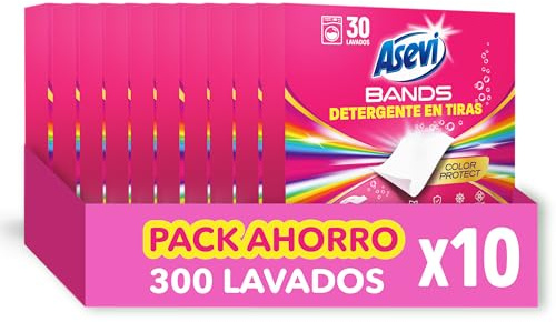 Asevi Bands Detergente en Tiras para Lavadora Color Protect - Detergente Concentrado Hipoalergénico para Ropa Blanca y de Color - Protege los Colores y Deja la Ropa Limpia y Perfumada- 10 x 30 Lavados