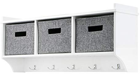 Livhome Wall Mounted Coat Rack with Storage, Wooden Hallway Coat Hooks with Shelf and Baskets, Wall Storage Unit, Perfect for Entryways, Bedrooms, and Hallways (White, 5 Hooks, 3 Baskets)