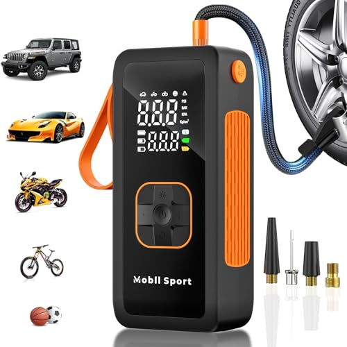 Digitaler Reifendruckmesser, Tragbarer Luftkompressor mit LCD-Display, USB-Aufladbar, 4 Ventilkappen
