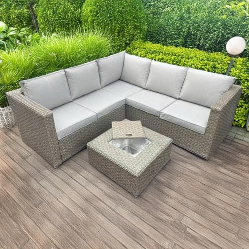 Furnishings For Less UK L Shaped Garden Patio Rattan Corner Sofa Set with Coffee Table and Ice Bucket Brown (L shaped Corner Sofa + Coffee Table)
