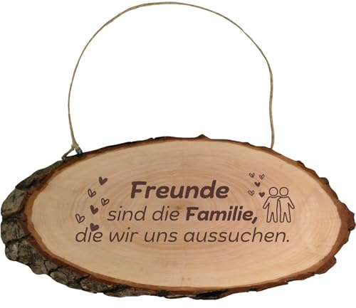 Freunde sind die Familie, die wir uns aussuchen - Türschild mit Spruch aus Holz mit Rinde, Motto Schild mit Spruch, liebevolle Deko & Geschenk für Freundschaft - Geschenkissimo Geschenkidee