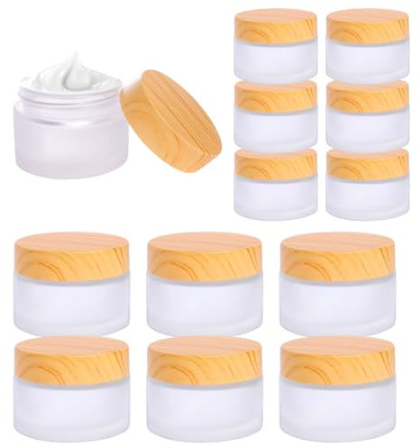 12Pcs 20ml/30ml Pot Verre Dépoli, Bouteille Vide Petit avec Couvercle Grain Bois & Bouchon Intérieur, Contenant Crème Voyage pour Lotion, Poudre, Échantillon, Baume Lèvres, Cosmétique, Maquillage