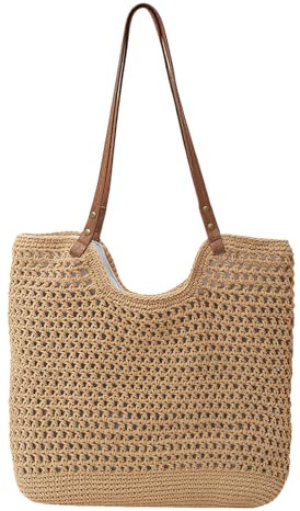 FloralGrace Sac de Plage en Paille Tressé pour Femme - Fourre-tout d'Été Crocheté à Bandoulière pour Vacances