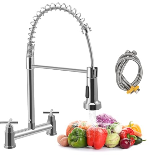 Kitchen Bridge Mixer Tap, 2-Hole Sink Mixer Tap, 2-Handle Kitchen Spring-Loaded Tap, 180 Mm Centre Deck-Mounted Chrome-Plated Sink Mixer with 360° Swivel Spout + 2-Function Sprayer (Sliver)