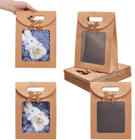 NBEADS 20 Stück Kraftpapiertüten Mit Fenster, 26.5x9.1x26cm Stand Up Kraftpapiertüten Mit Griffen Papiertüten mit Fenster für Süßigkeiten und Geschenke, Bräune