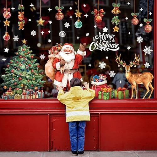 Xnova 174 pièces Autocollants Noel Fenetre Décoration Réutilisables(Multi) | Deco Noel Stickers DIY Amovibles Autocollant Vitrophanie Noël, Père Noël, Wapiti, Flocon de Neige