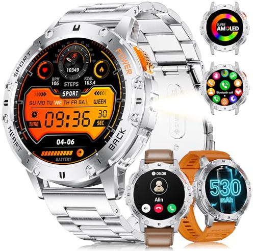 Montre Connectée Homme avec Appels Bluetooth/530 mAh,1,43 HD AMOLED Smartwatch Homme avec 120+ Modes Sportifs/Moniteur de Fréquence Cardiaque/Sommeil, IP68 Étanche Podomètre pour Android iOS,Argenté